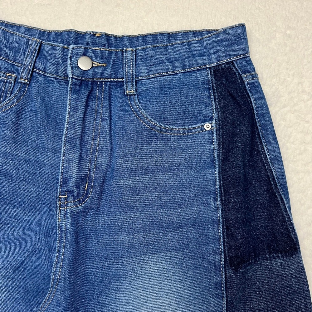 Dazy Jeans Women L Blue Patchwork Wide Leg Raw Hem High Waist Two Tone 5263 - Picture 2 of 9